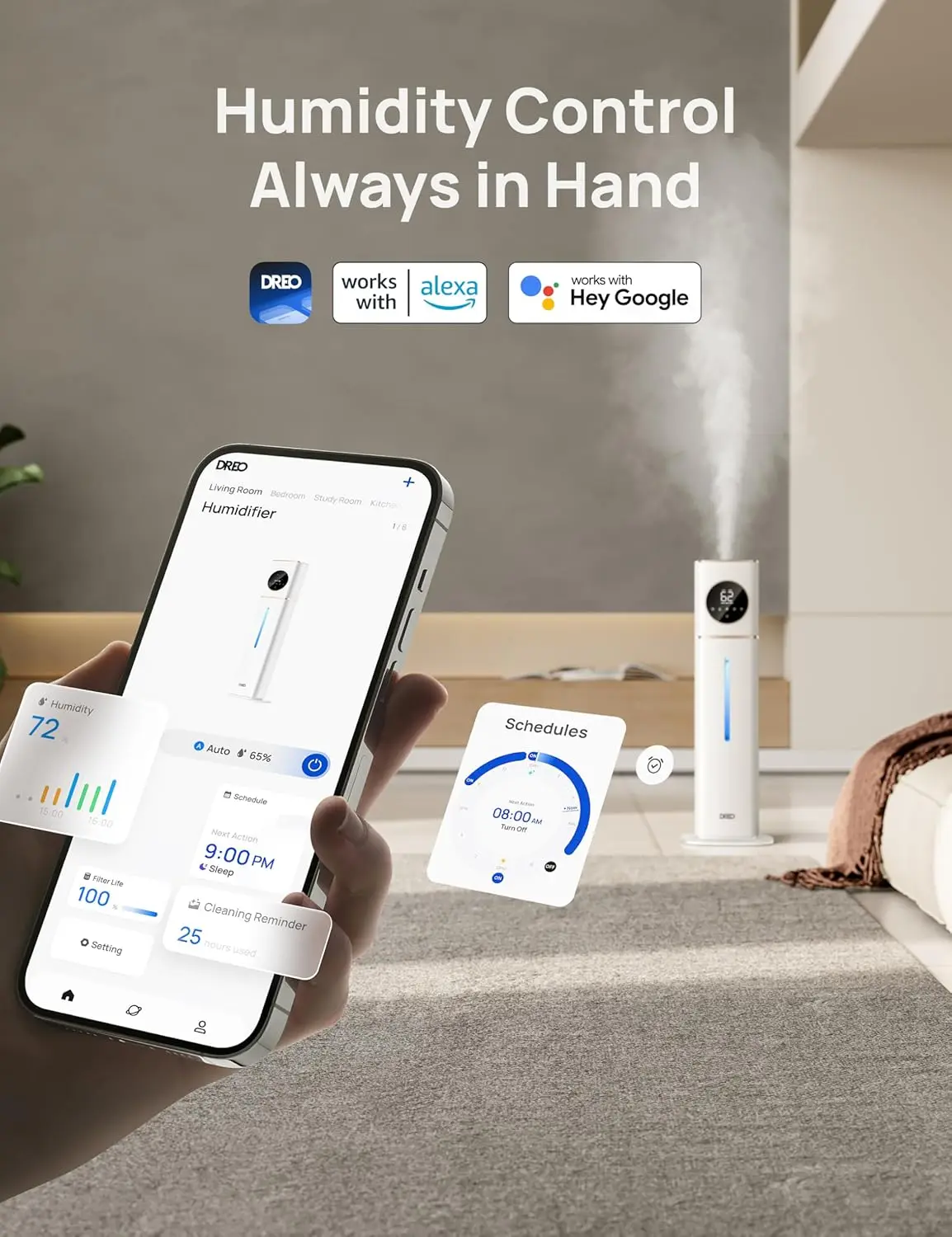 Smart Humidifier Large room, 100 hours cold mist air humidifier for bedroom, top fill self-cleaning tank, automatic mode