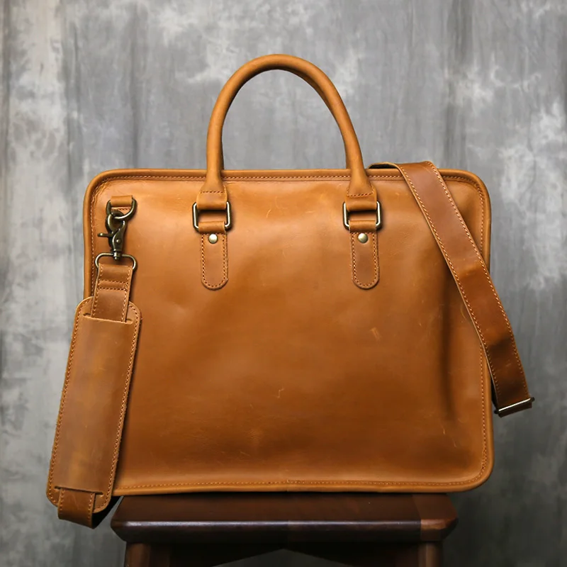 Tas Tangan Kulit Sapi Lapisan Atas Retro Tas Kerja Kulit Asli Sederhana Tas Komputer Buatan Tangan Kulit Kuda Gila Kapasitas Besar