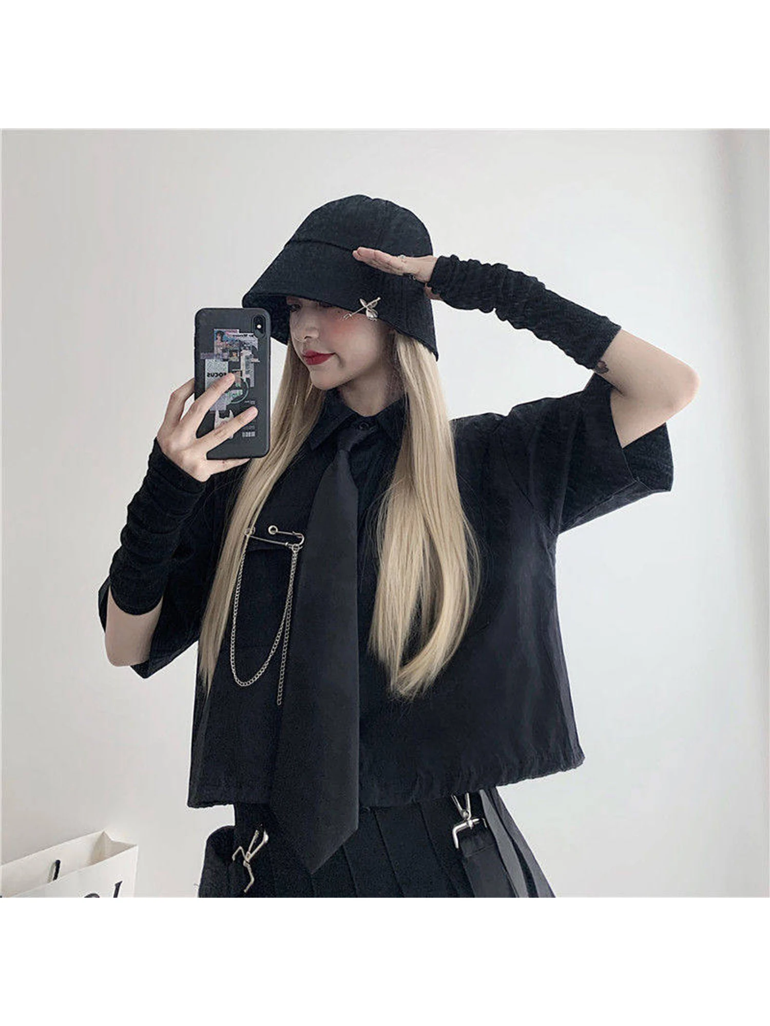 Women's Black Gothic Emo Blouses and Shirts Dark Style Hip Hop Short Sleeve Polo-Neck Shirt Y2k Gyaru Vintage Blouse Summer 2026 view 4