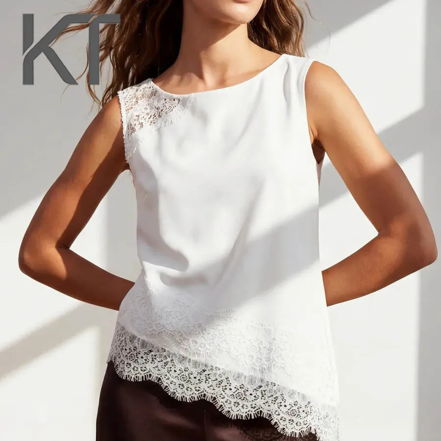 

KT 2026 Trend White Lace Trim Sleeveless Blouse Women Asymmetric Hem Satin Tank Top