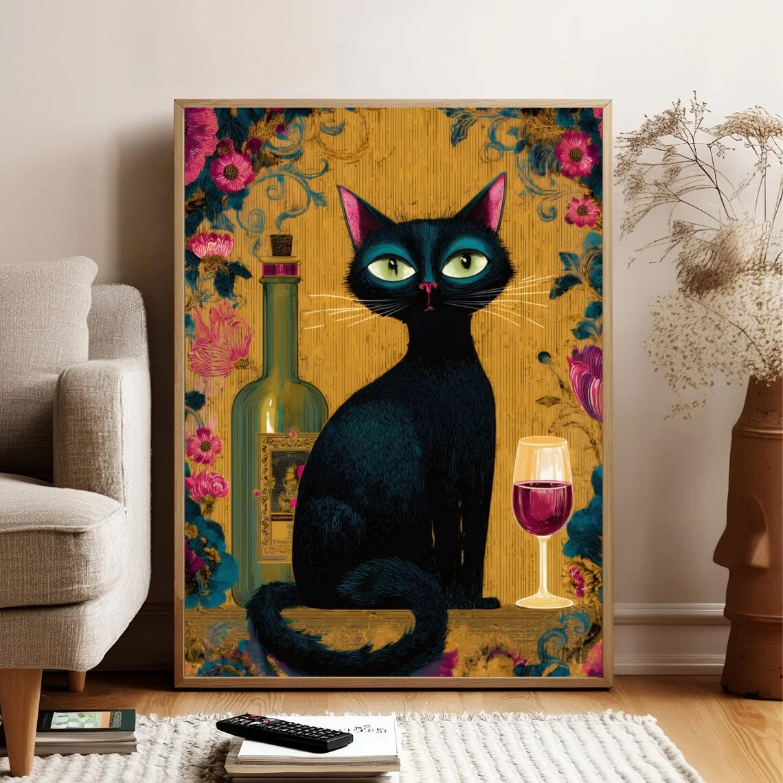 Kunstdruckplakat mit schwarzer Katze |   Buntes Bar-Wandkunstdekor |   Lebendige Tierleinwand
