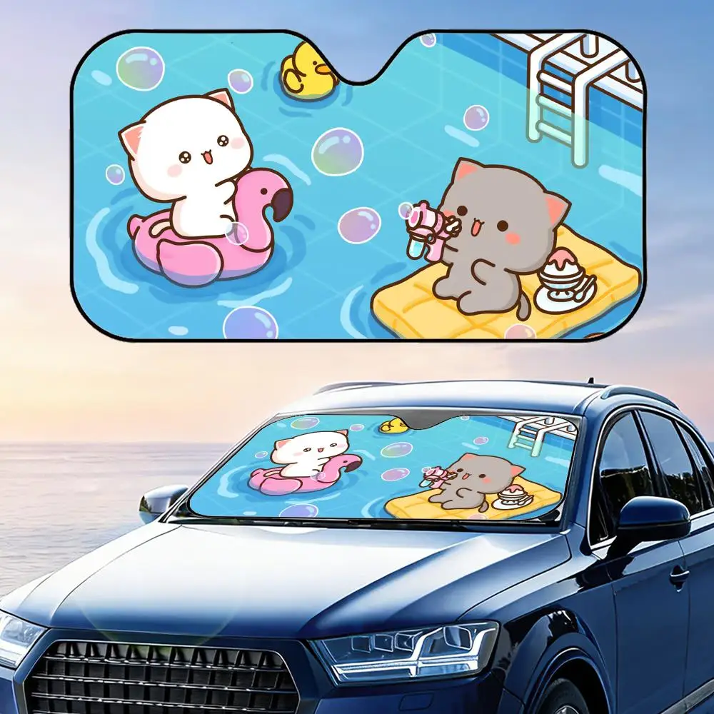 

Honey P-Peach Cat Cartoon Sun Visor Reusable Aluminum Foil Car Sunshade UV Protection Heat Insulation Windshield Cover