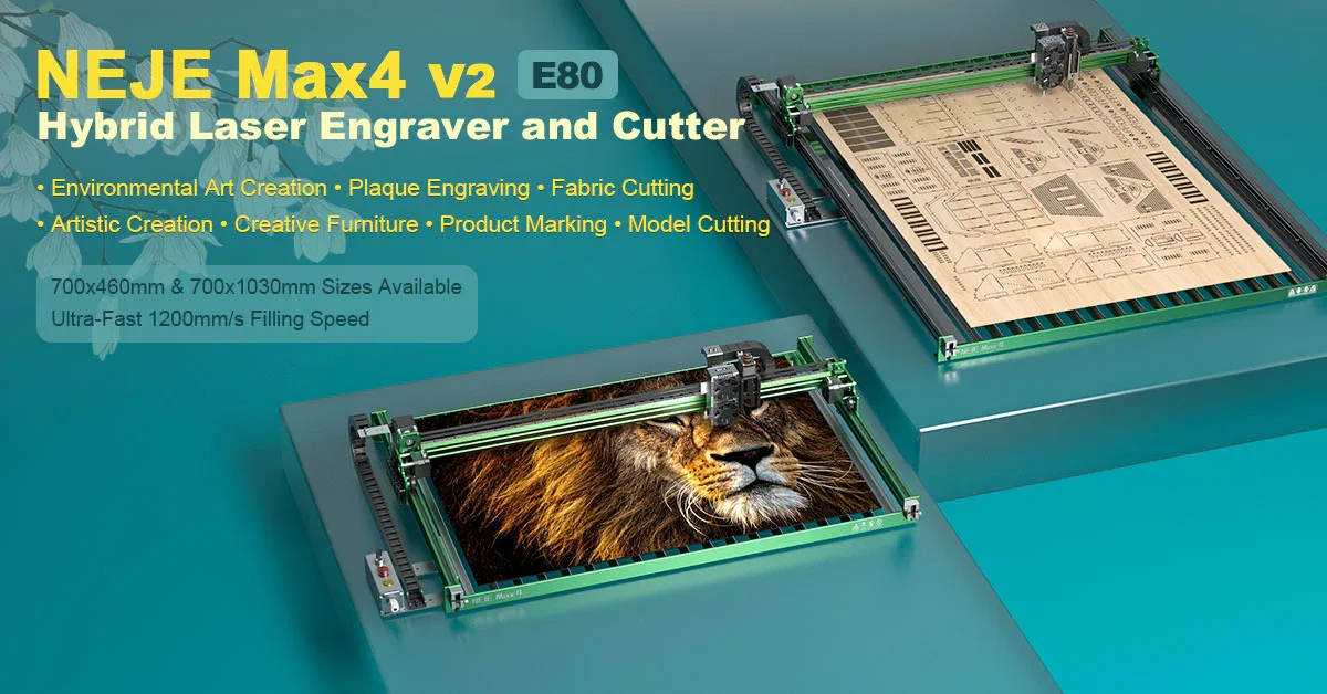 NEJE Max 4 V2 24W : Hybrid Laser Engraving and Cutting Machine with E80 Laser Module - 700x460mm Engraving Area - 1200mm/s Engraving Speed - Suitable for Stainless Steel/Wood/Leather/Painted Metal/Fabric