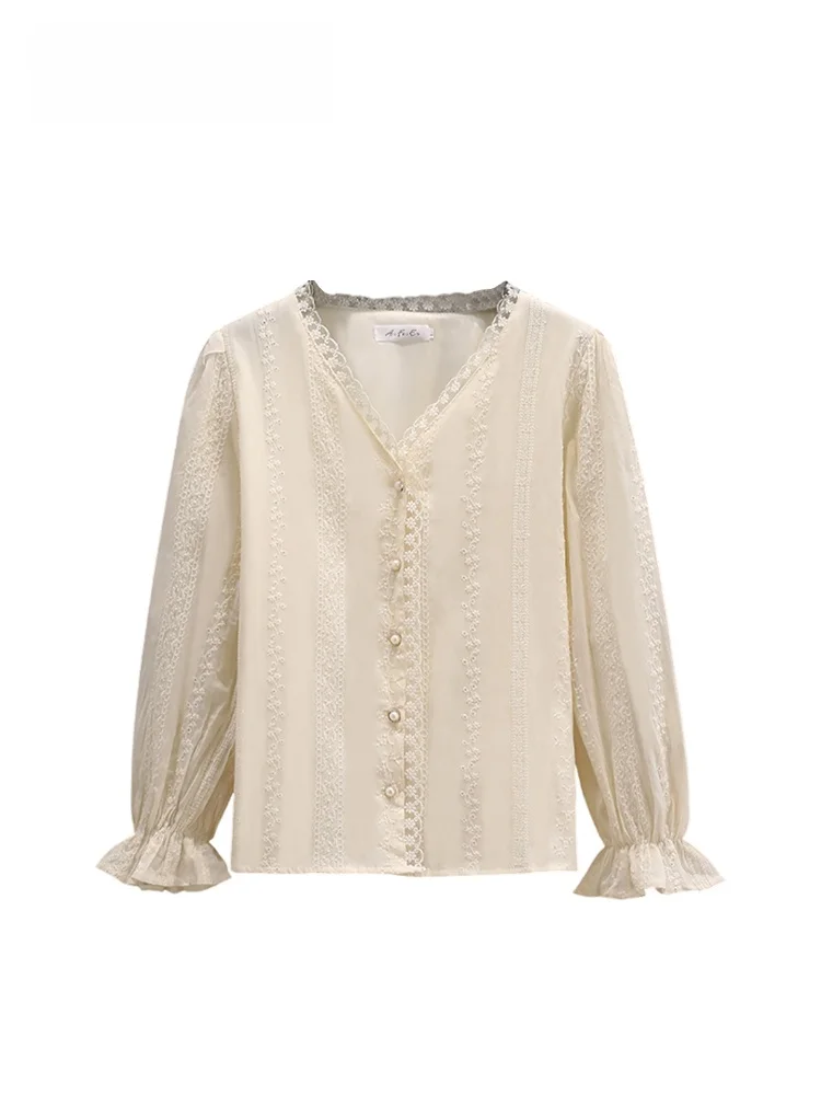 

Loose Long Sleeve V-Neck plus Size Women's Shirt Spring Fashion Casual Style Cotton Blend Slimming Meat Covering Top