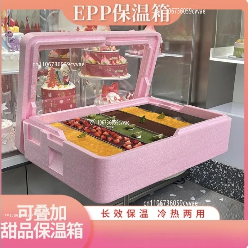 Transparent Lid Display Cold Box for Tiramisu, Commercial EPP Insulated Cake Display Box with Warm Color Light for Stall