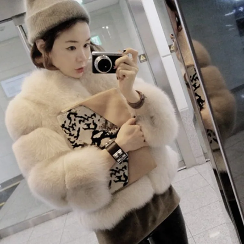 Fake Fur Coat for Women's New Winter Short Mixed Fur Coat with Round Neck and 3/4 Sleeves