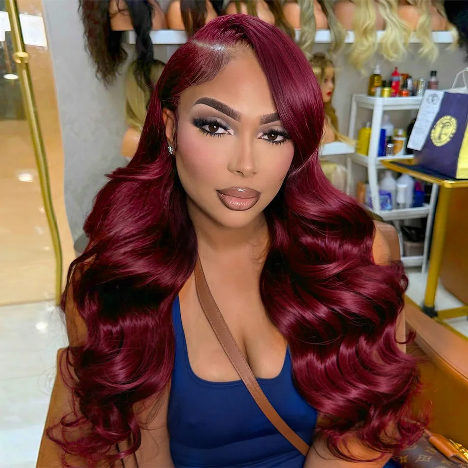 

Красные парики с кружевной передней частью 99J Burgundy, 13x6, из натуральных волос, плотность 250%, волнистые, 13x4, 30-40 дюймов, бразильские, для женщин