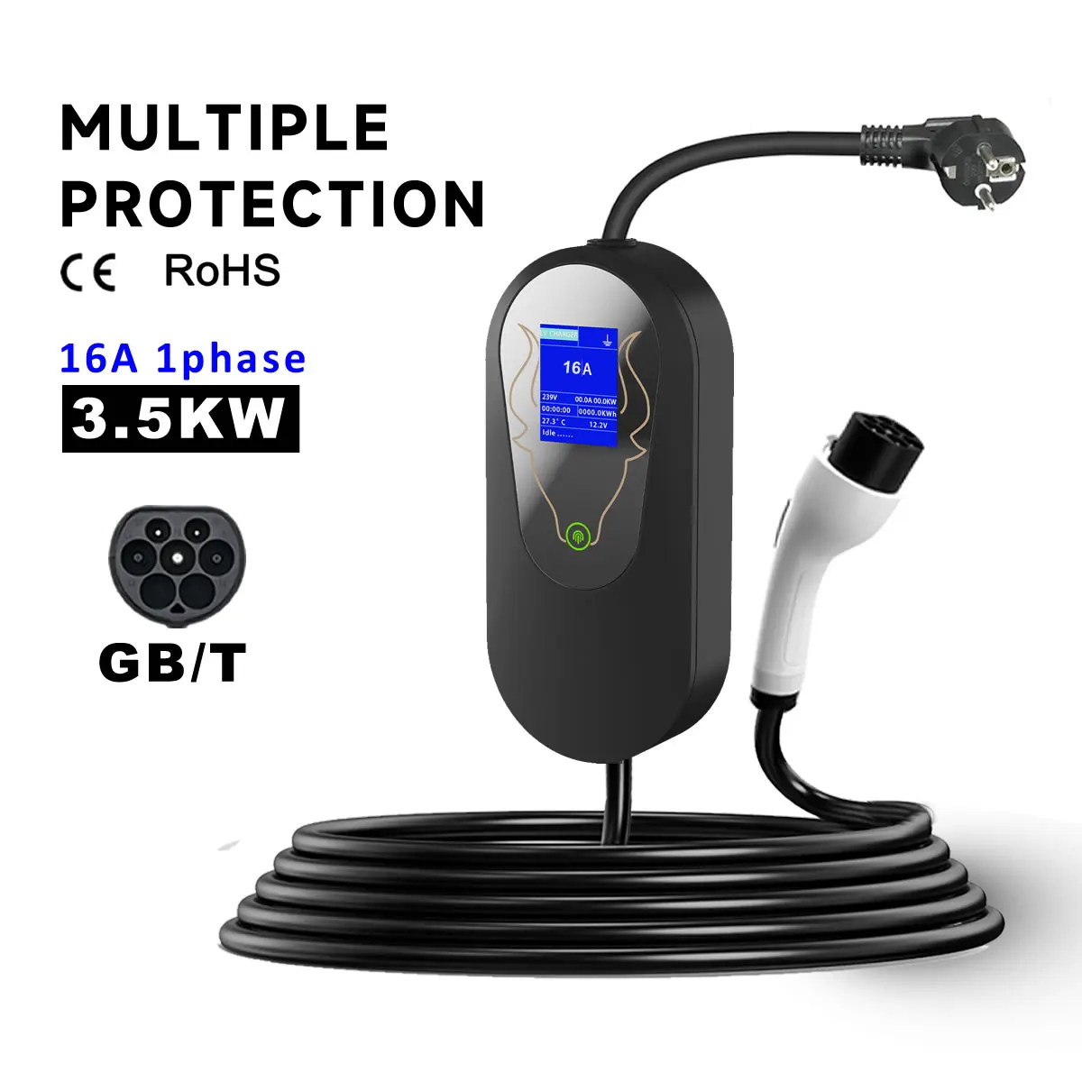 16A 1Phase Type2 3.5KW GB/T EV Charger Portable Charging Station Cable 3.5m Schuko EU Plug for Electric Car Automobile Vehicle