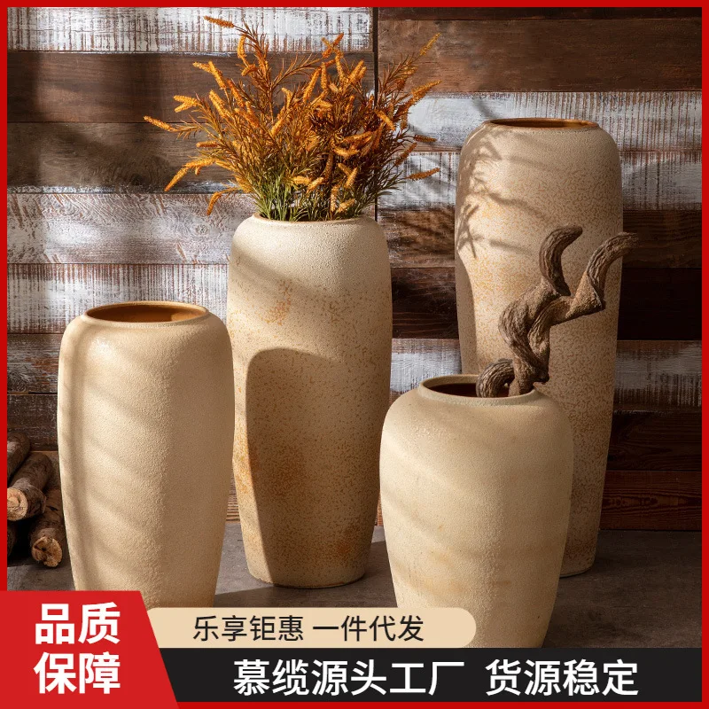 Jingdezhen floor to ceiling ceramic large vase, retro and nostalgic, handcrafted rough pottery jar, living room,