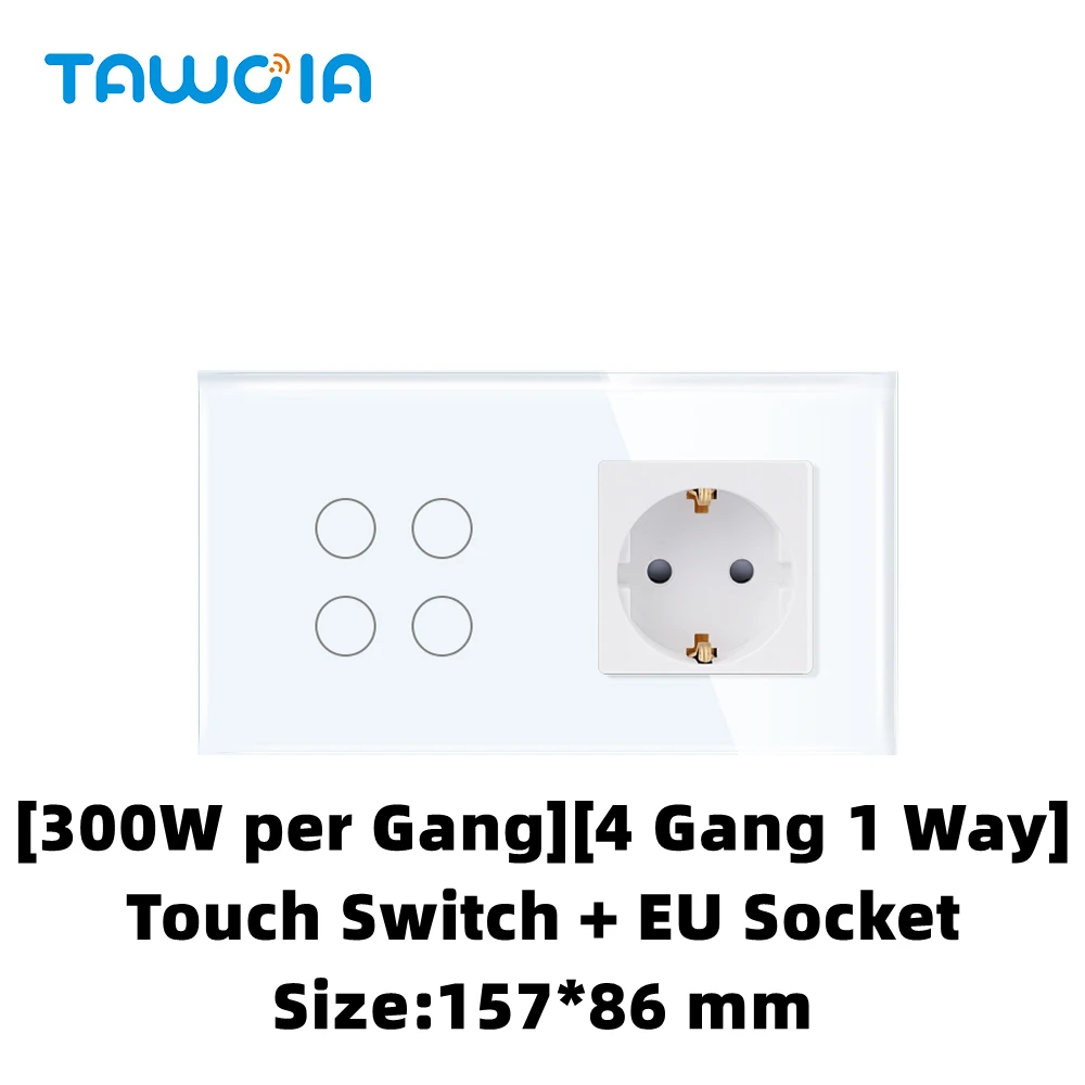 TAWOIA Socket Switch Combination EU 4 Gang 1 Way Touch Switch Glass Panel Type F Plug Schuko 16A Power Socket Electrical Outlet