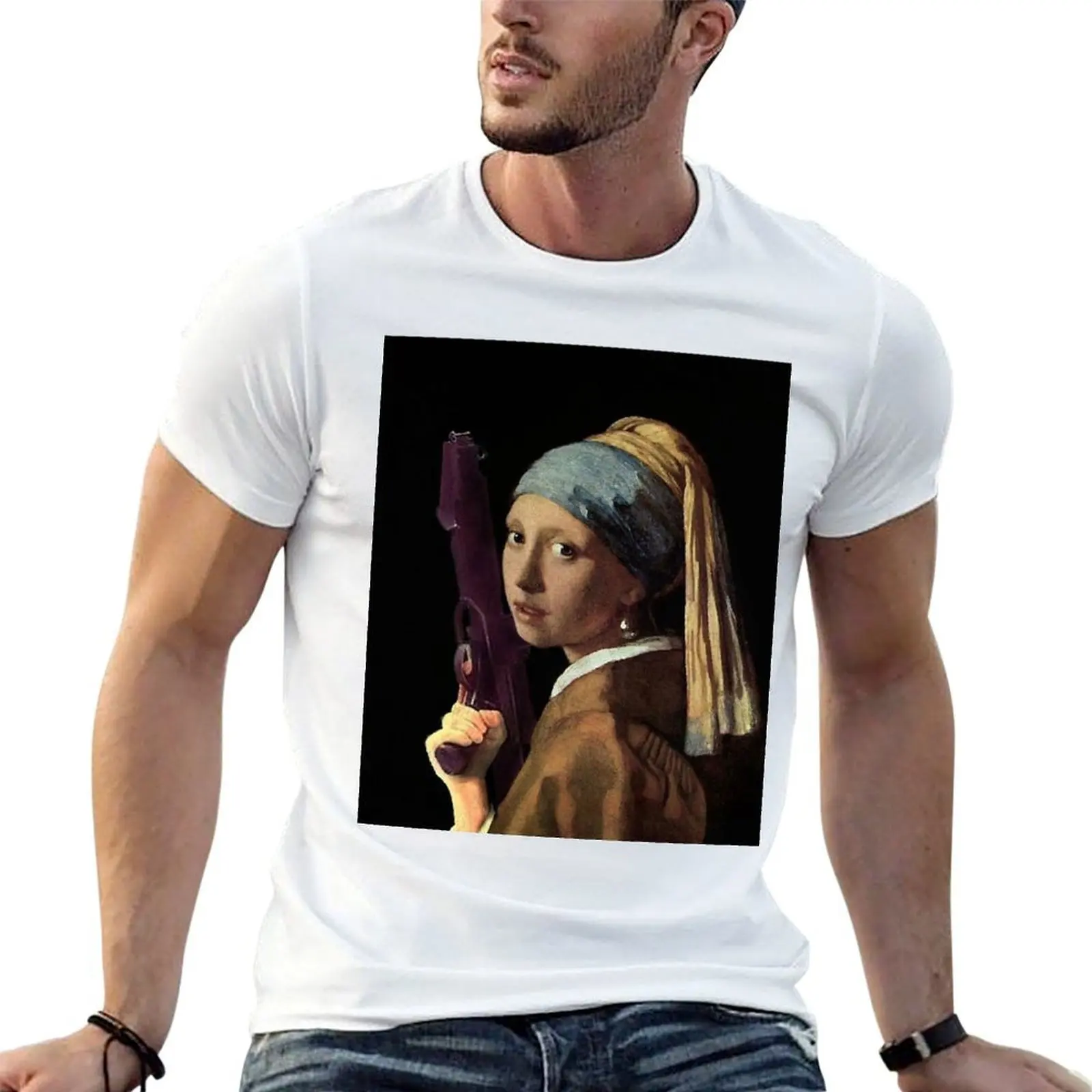 

Girl with a Pearl Earring holding a Ray gun - Funny Vermeer mashup T-Shirt t shirts for man graphic vintage man tshirt T-Shirt