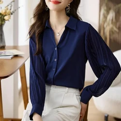 Navy Blue Professional Outfit Patchwork Polo Collar Chiffon Shirt for Women Fashionable and Beautiful Temperament Base Shirt