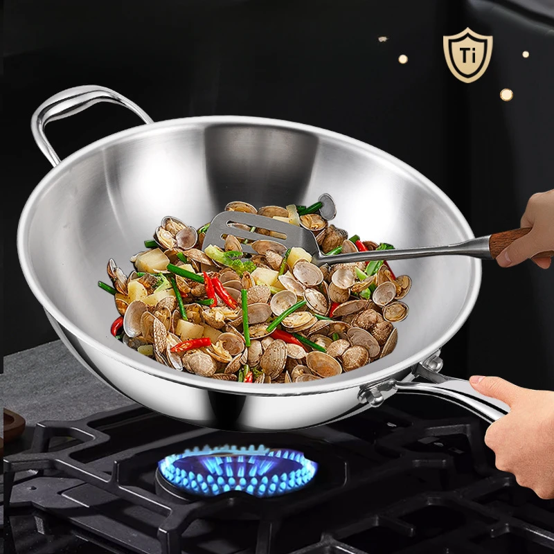 Flat-bottomed Pure Titanium Wok, Household Uncoated Non-stick Titanium Wok, Lightweight Wok, Universal Gas Induction Cooker