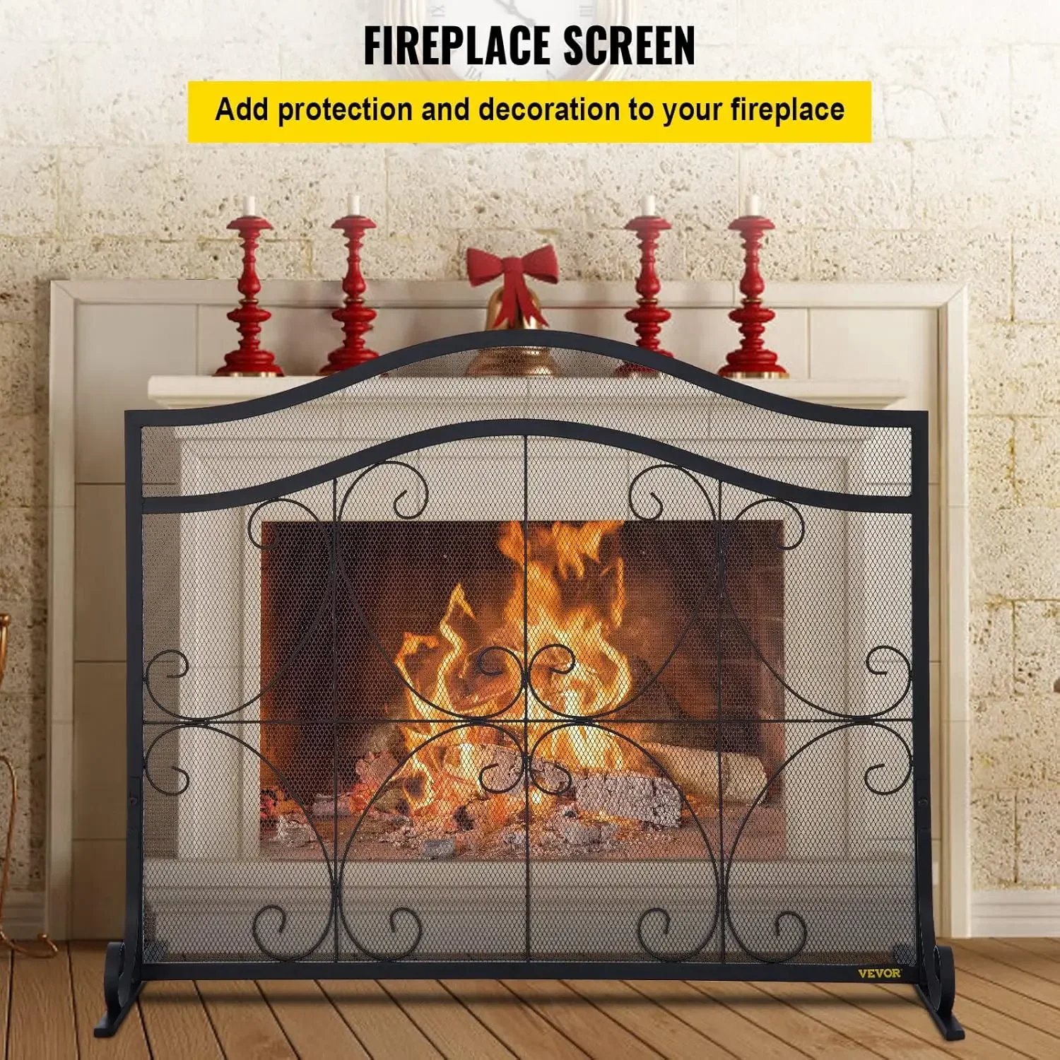 Fireplace Screen, 38 x 26.5 Inch,Heavy Duty Iron Freestanding Spark Guard with Support, Metal Mesh Craft