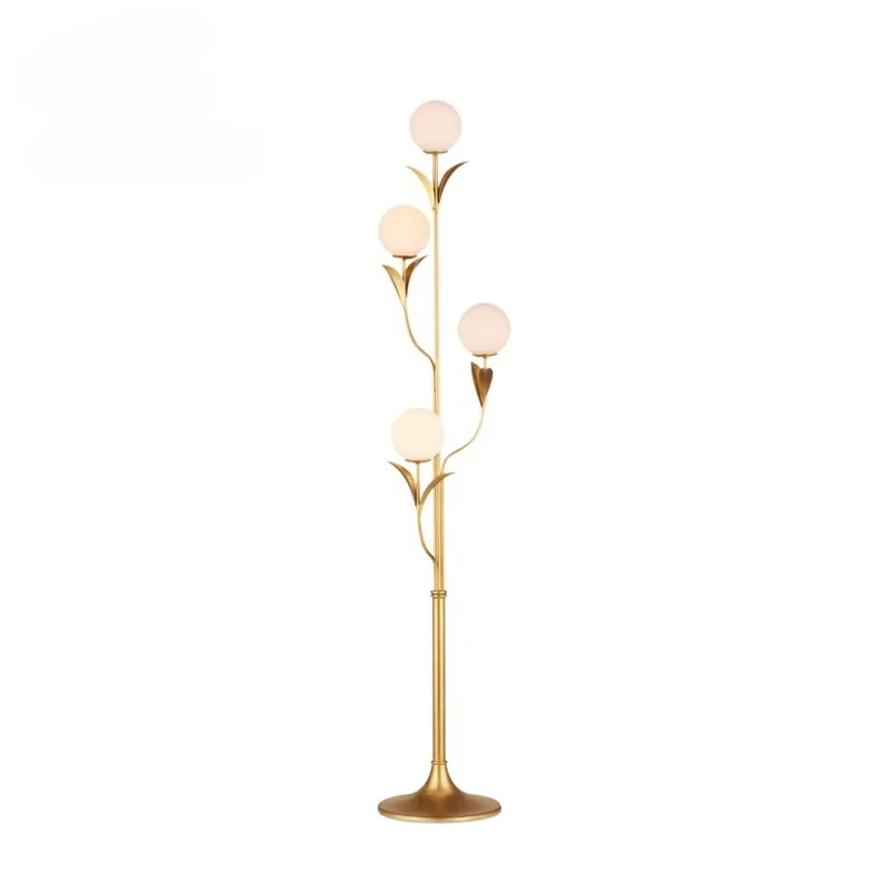 Floral Pattern Brass Floor Lamp Modern French Style Living Room Bedroom Designer Frosted Glass Lamp Shade LED