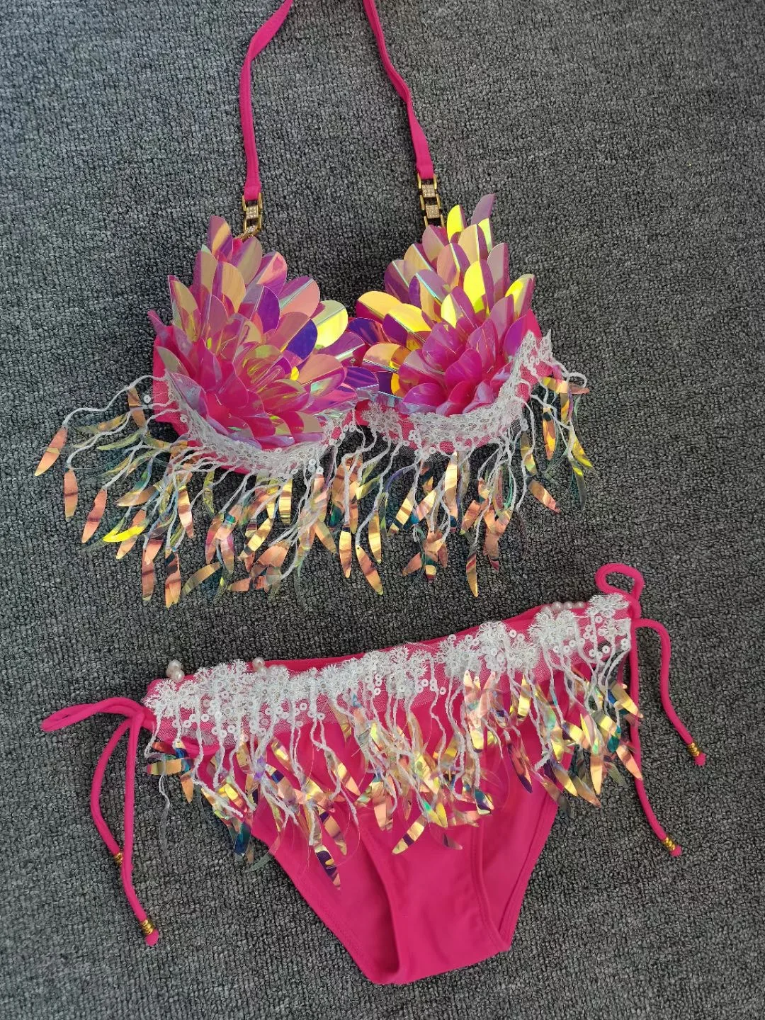 Handmade Mermaid Sequin Bikini Tassel Hot Gold Corset For Free Diving Performance Oceanarium Electro Festival Bra Bar Cosyun