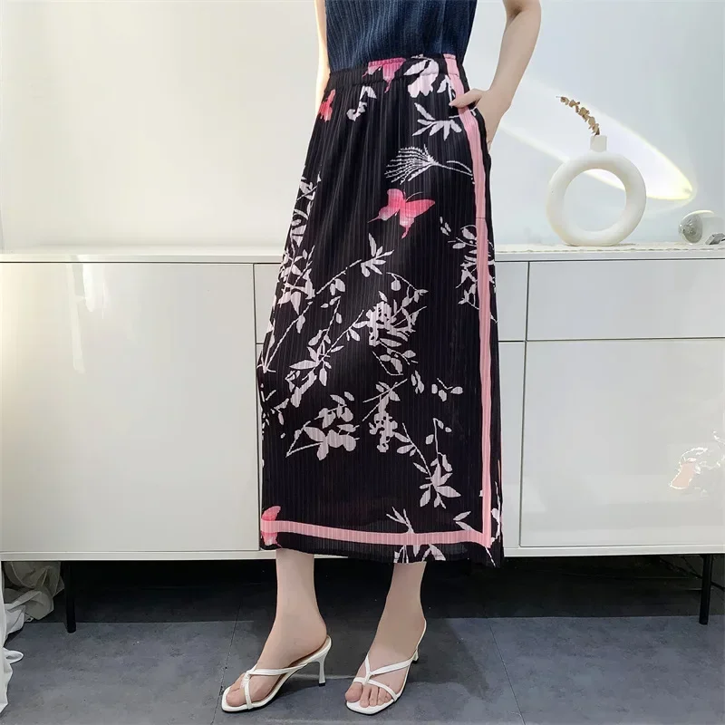 Pleats Pleated Retro Printing Pleated Bustier Skirt Female Fall New Temperament Commuting Thin Side Open Fork A-line Skirt