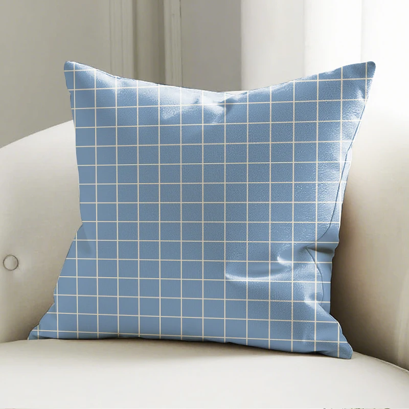 

Light Blue Grid Pillow Case Square Cushion Cover Soft Decor for Sofa Bedroom Home Decorative Throw Pillowcase