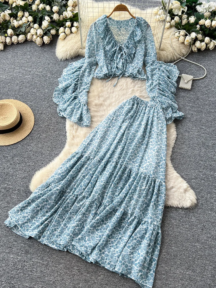 Summer French Vacation Style Chiffon Set Women's Pink Ruffled Flared Sleeves V-neck Shirt Cake Skirt Two-piece Set L15 view 5