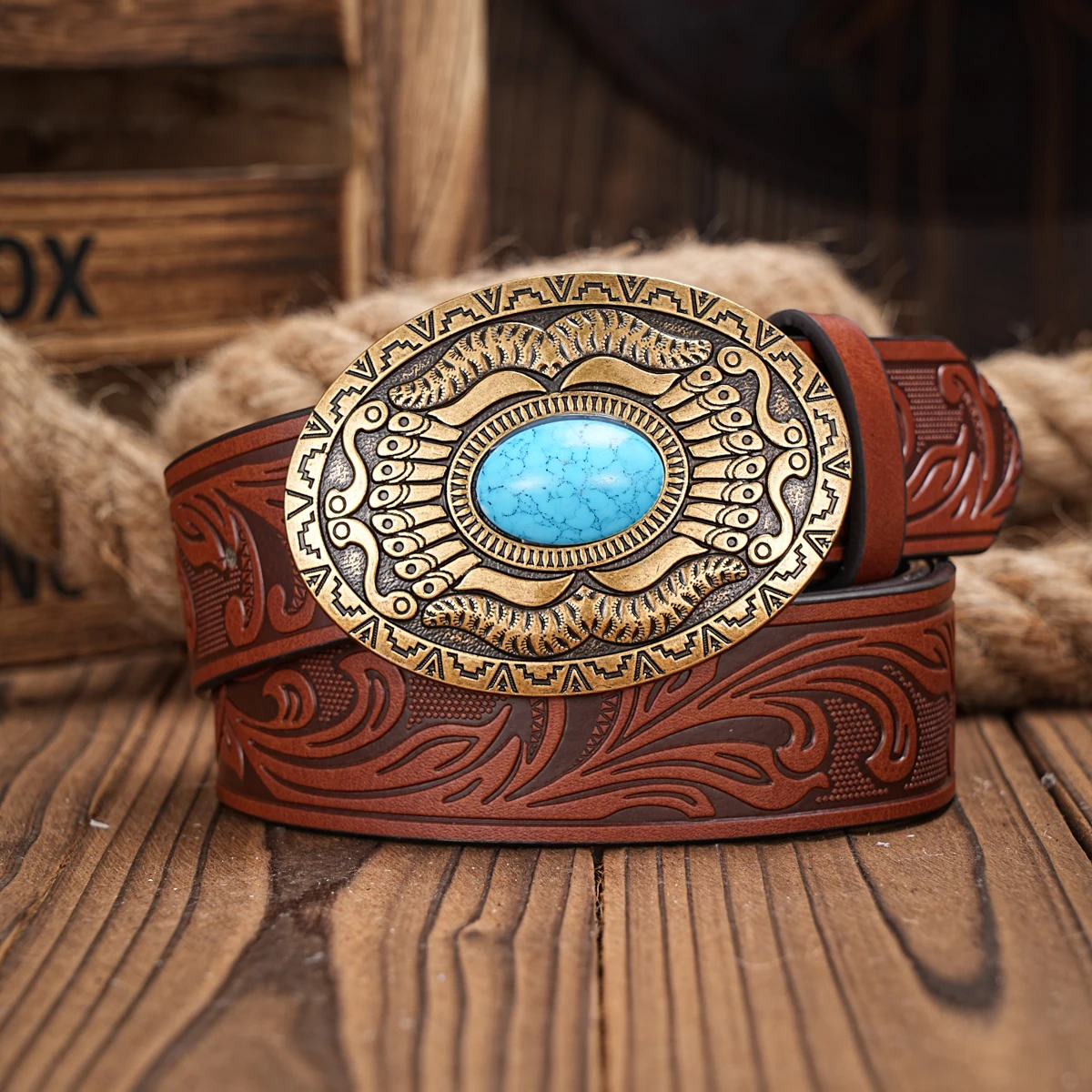 Western Cowboy PU Leather Belt - Men Waist Strap Bull Decoration Floral Engraved for Jeans