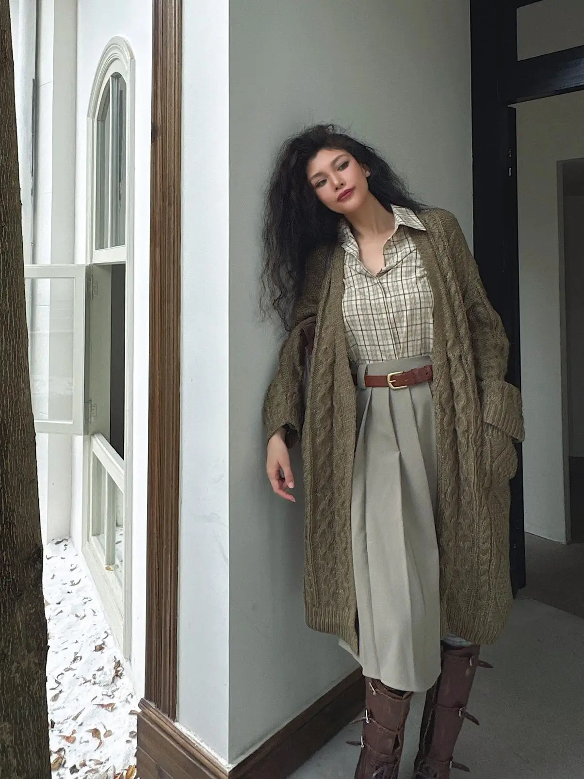 

Limited Edition Thi Quali Large Sweater Long Open Cardigan Mixed Weave Floral een Women's Knittedwear Outerwear