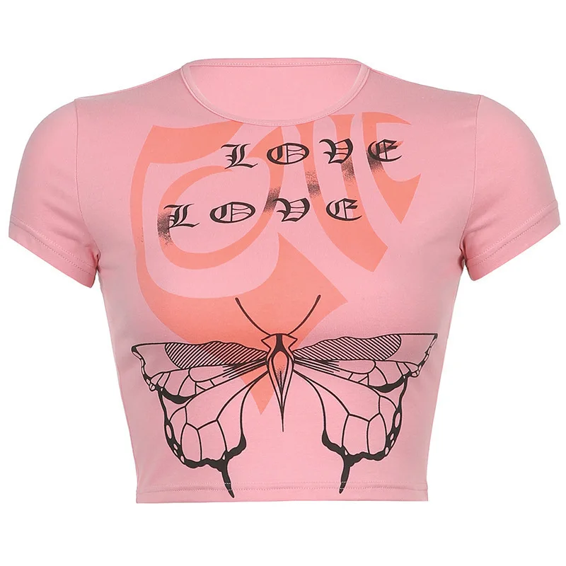 

Fashion butterfly printed girl T-shirt Emo, streetwear Y-Grunge, Harajuku Gothic, cute economy short sleeved Y2K, retro economy,