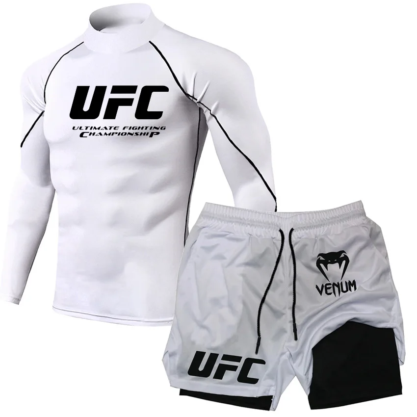 UFC خفيفة الوزن تنفس اللياقة البدنية تي شيرت السراويل الرجال تشغيل الرياضة أعلى السراويل مجموعة التدريب عالية الياقة ضيق كم طويل