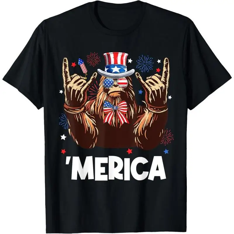 

Funny T-shirt Men Women Unisex Bigfoot 'Merica Graphic Tee Casual Short Sleeve American Flag Top 4th of July Celebration
