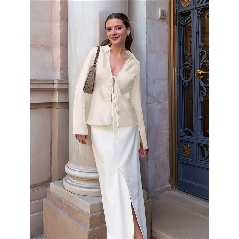 ABP-レディースセクシー-タイフロントサテンシャツディープVネックシルククラブトップス長袖Y2k外出ブラウス