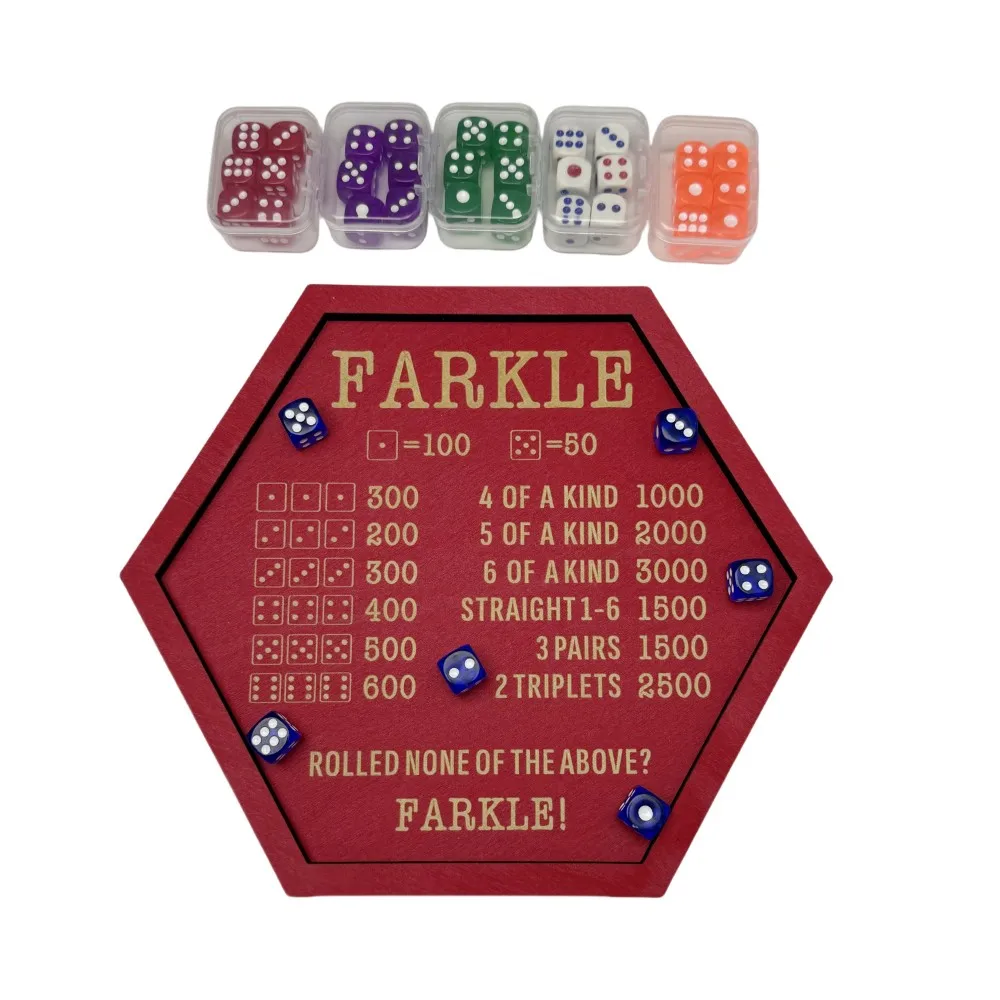 Set of 1 Farkle Solid Wooden Dice Set Red Hexagonal Polygonal Tray with Clear Storage Case 6 Colorful Dice