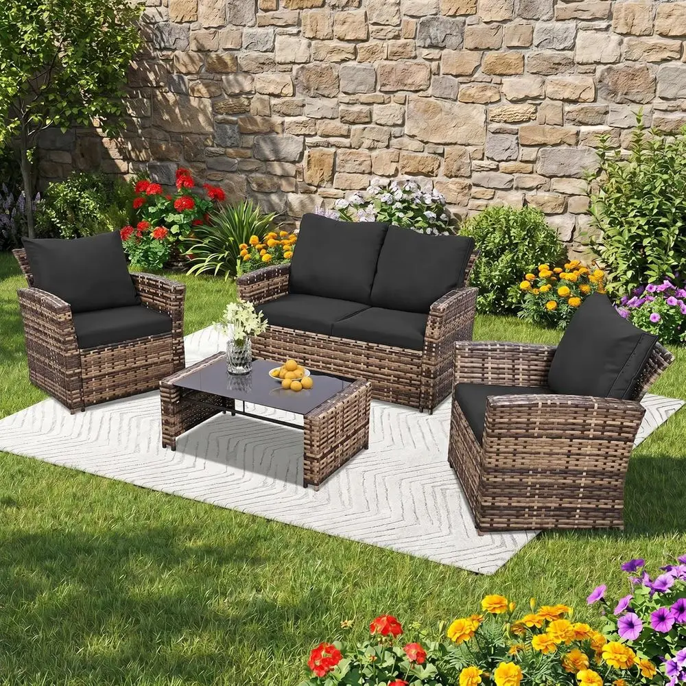 

4-Piece Outdoor Wicker Furniture Set with Weather-Resistant Sofa, Cushions, and Glass Table in Yellow/Black