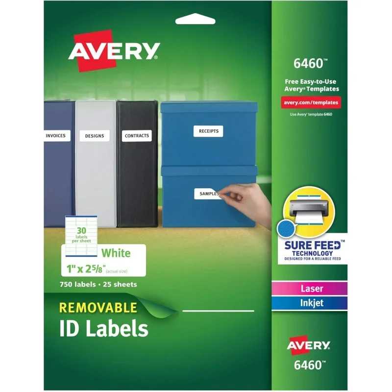 Removable ID Labels, Sure Feed Technology, Removable Adhesive, 1 x 2-5/8, 5 Packs (6460)