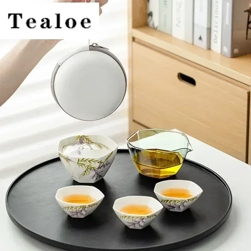 

Pure Hand-painted Wisteria Flower Tea Set Kit Zen Teapot and Tea Cup Set 1 Bowl 3 Cups Tea Brewing Portable Picnic Drinkware