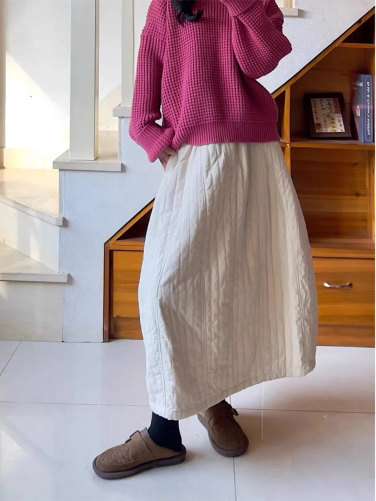 

High Waist Thickened Cotton Half Skirt Women's Simple Versatile A-Line Midi Skirt Japanese Style Commute Casual And Pea...