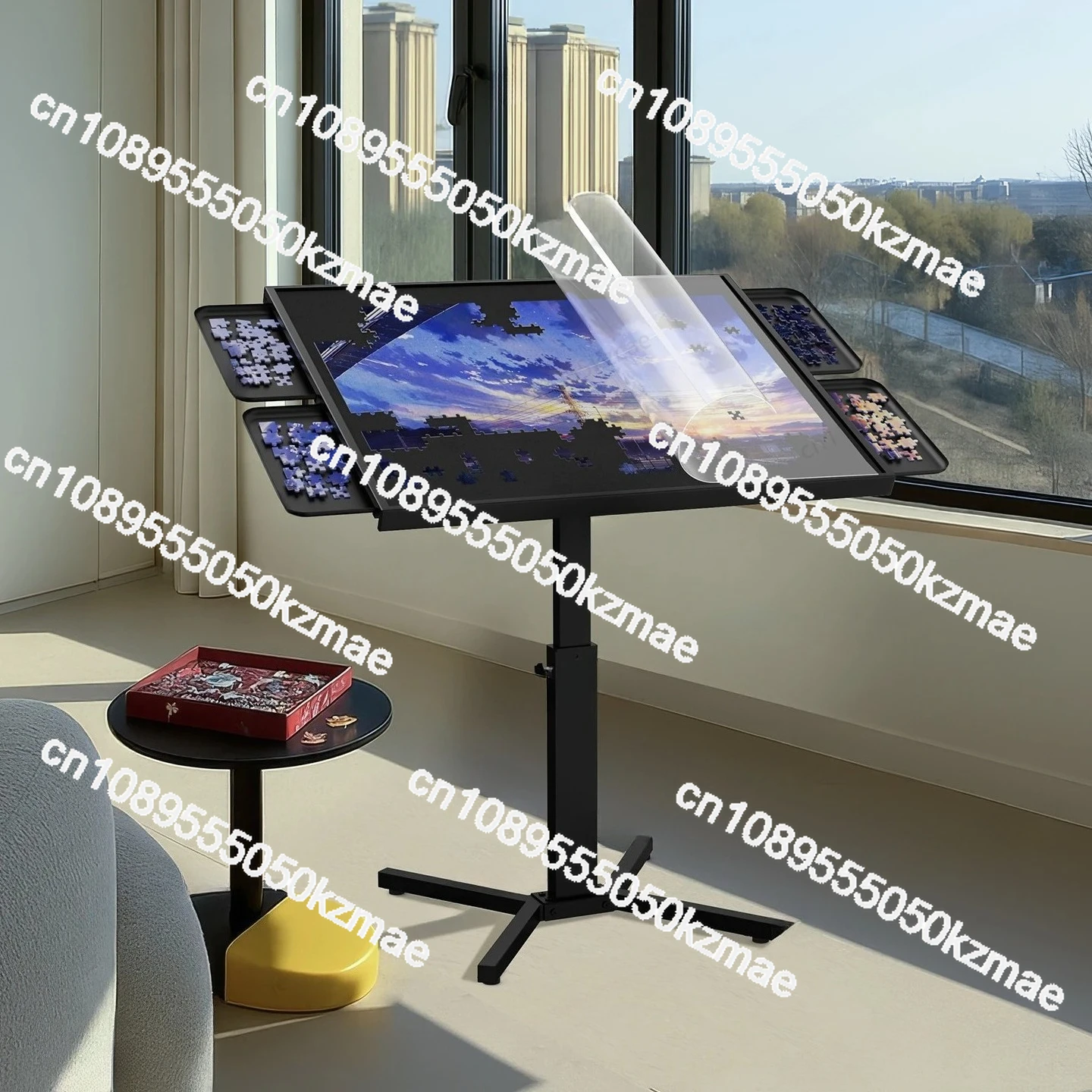 Multi-Function Puzzle Game Table Lift-Top Adjustable Height with Drawers Metal Frame