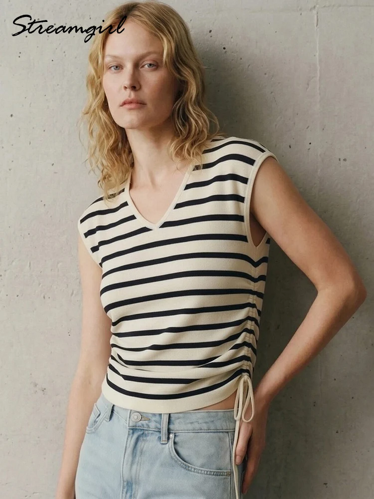 

Streamgirl Sleeveless Striped Tshirt Women Summer Ice Silk Knitted Side Drawstring Crop Tees V Neck Short T Shirts Female