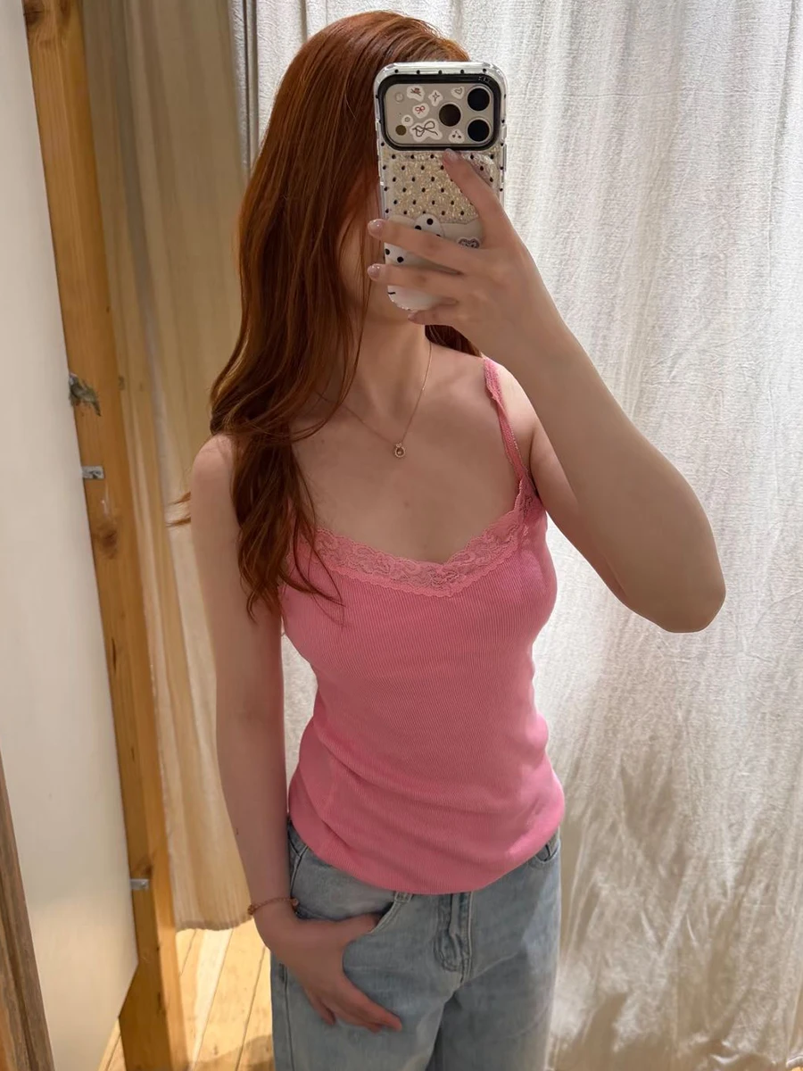 Sweet Pink Ribbed Slim Tank Top Woman Summer Lace Trim V-neck Cotton Camisole Casual Simple Solid All-match Basic Vest Y2k Tops