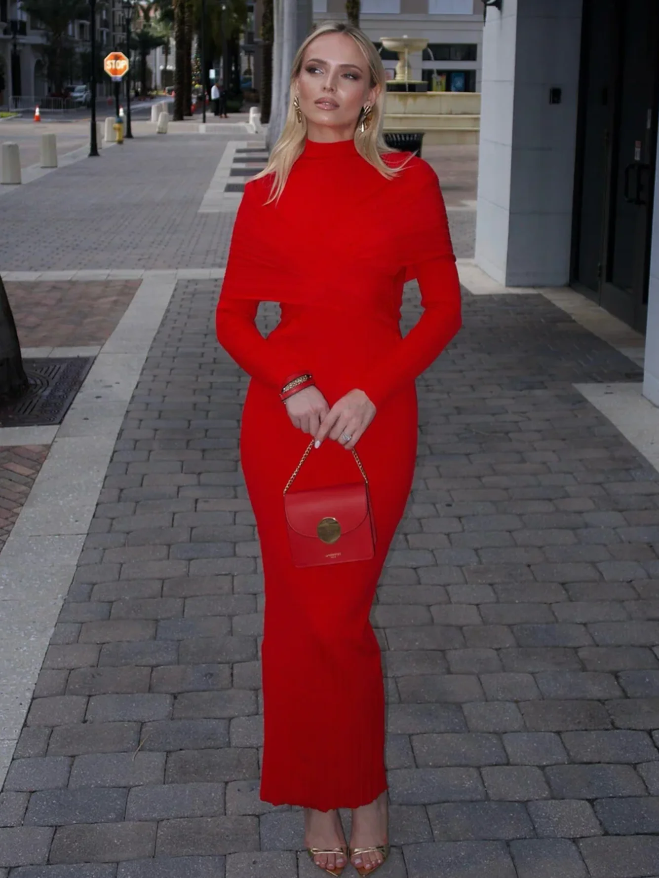 عالية الجودة المرأة الأحمر ضمادة فستان طويل مثير عالية الرقبة شال نمط طويل الأكمام مطوي المشاهير نادي فستان الحفلات Vestidos #3