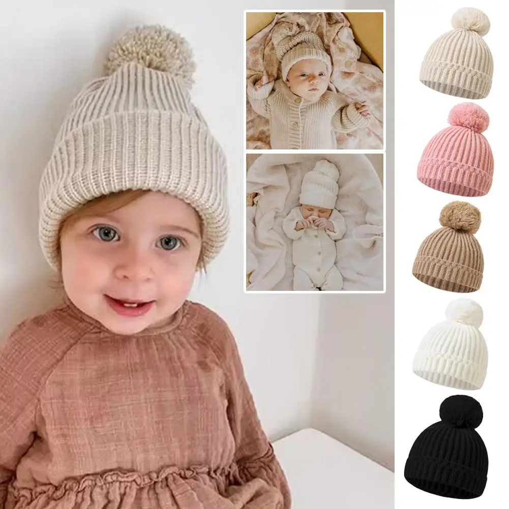 

Fluffy Fur Ball Baby Beanie Winter Warm Kids Skullies Cap 0-1year Children Woolen Crochet Bonnet Solid Color Toddler Knitted Hat
