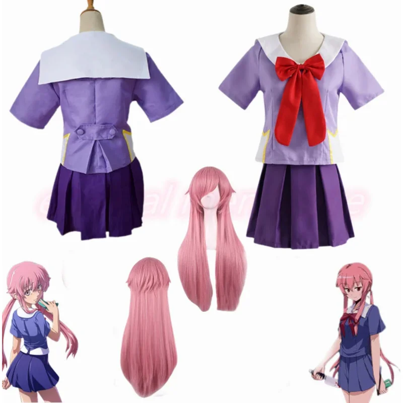 2025 Nieuwe Anime 2e Mirai Nikki Gasai Yuno Sailor Carnaval Party Kostuums Cosplay Uniform Vrouwen Lolita Jurk Rode Strik Pruik Volledige abc