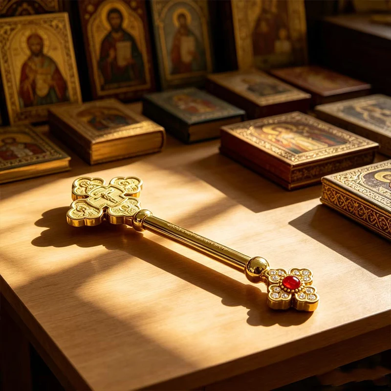

New 22.5cm Gold Plated Orthodox Hand Blessing Cross with Relief Icons & Red Rhinestone for Priest Liturgy Religious Decor Gift