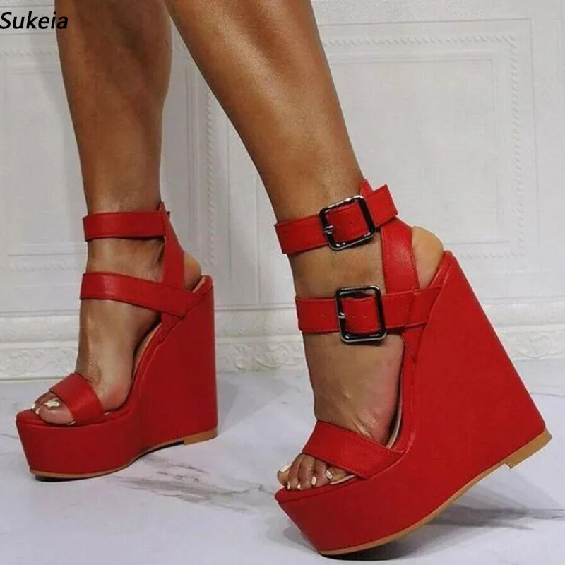 Sukeia Handmade Women Platform Sandals Buckle Strap Wedges Heels Round Toe Beautiful Red Party Shoes Ladies US Plus Size 5-20