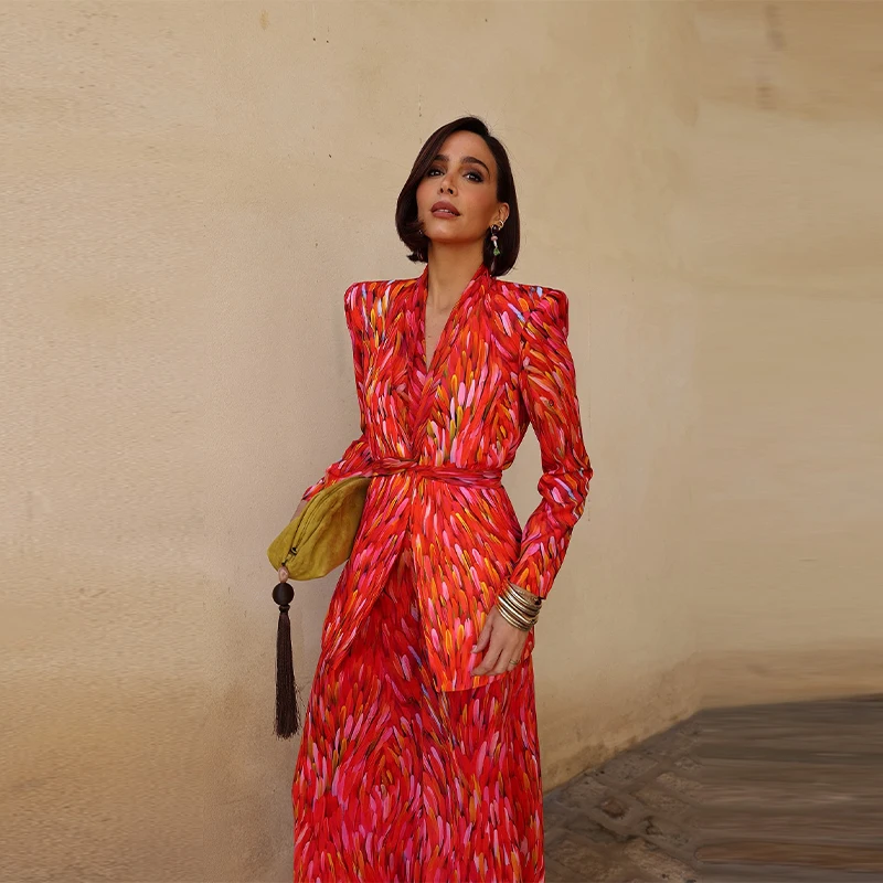 Modisches Damen-Blazer-Set mit Print, 2026, Langarm, Gürtel, V-Ausschnitt, Tailliert, Schlanke Damenjacke, Weite Hose, 2-teiliges Set – Detail 17