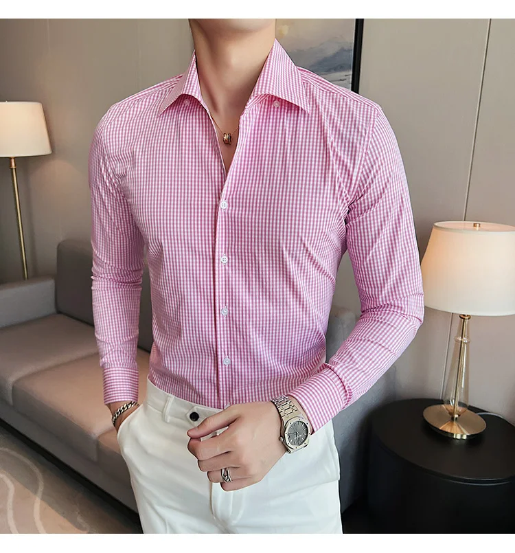 Vintage Plaid Shirts for Men Pink Blouse Cotton Long Sleeve Slim Fit Camisa Korea Stylish Luxury Designer Checked Man Clothes