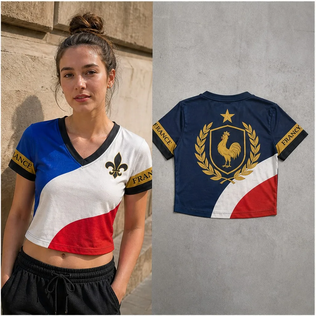 Womens V Neck Crop T Shirt France Fleur De Lis Rooster Crest Graphic Short Sleeve Casual Summer Slim Fit Top City Wear Tee Style