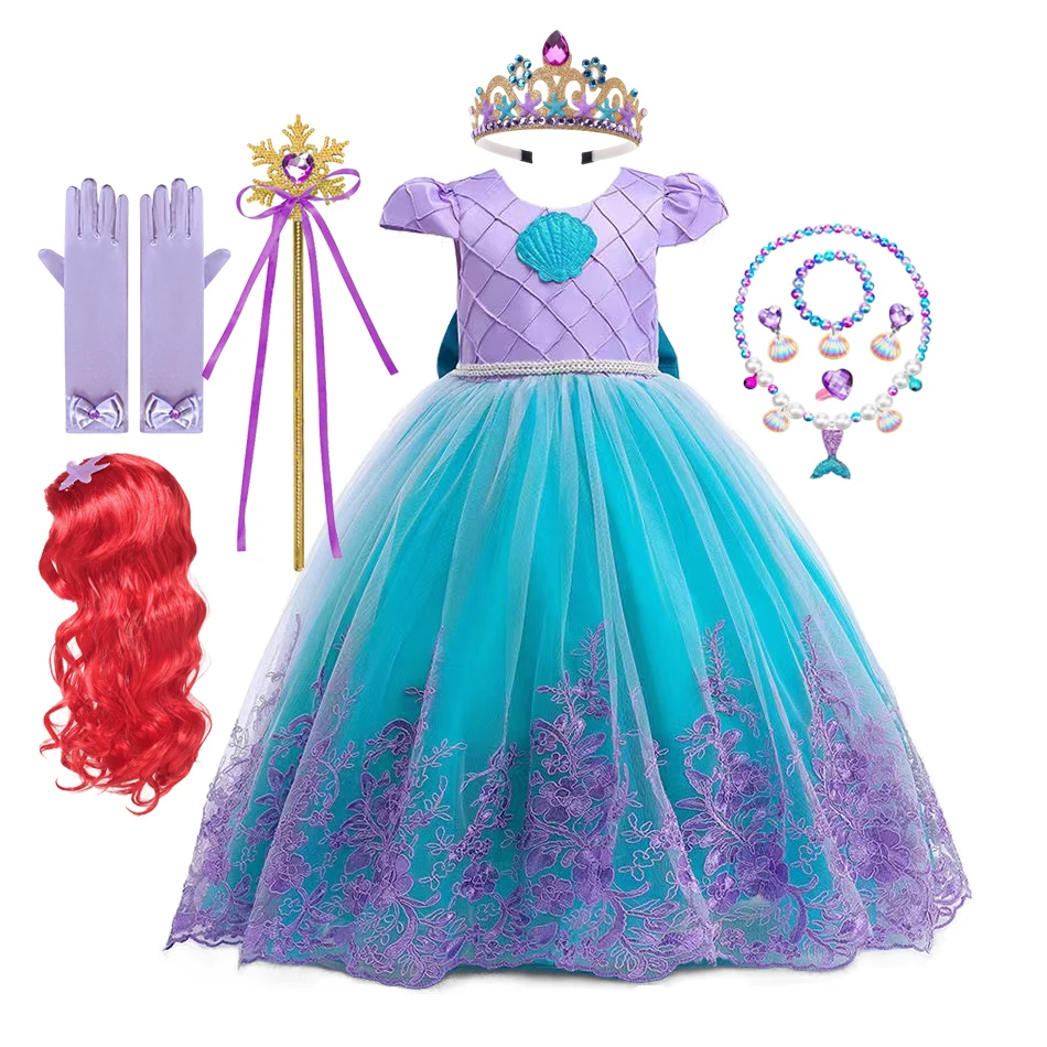 Disney Girl Ariel The Little Mermaid Princess Dress Embroidery Children Vestidos Party Dresses Kids Halloween Cosplay Costume