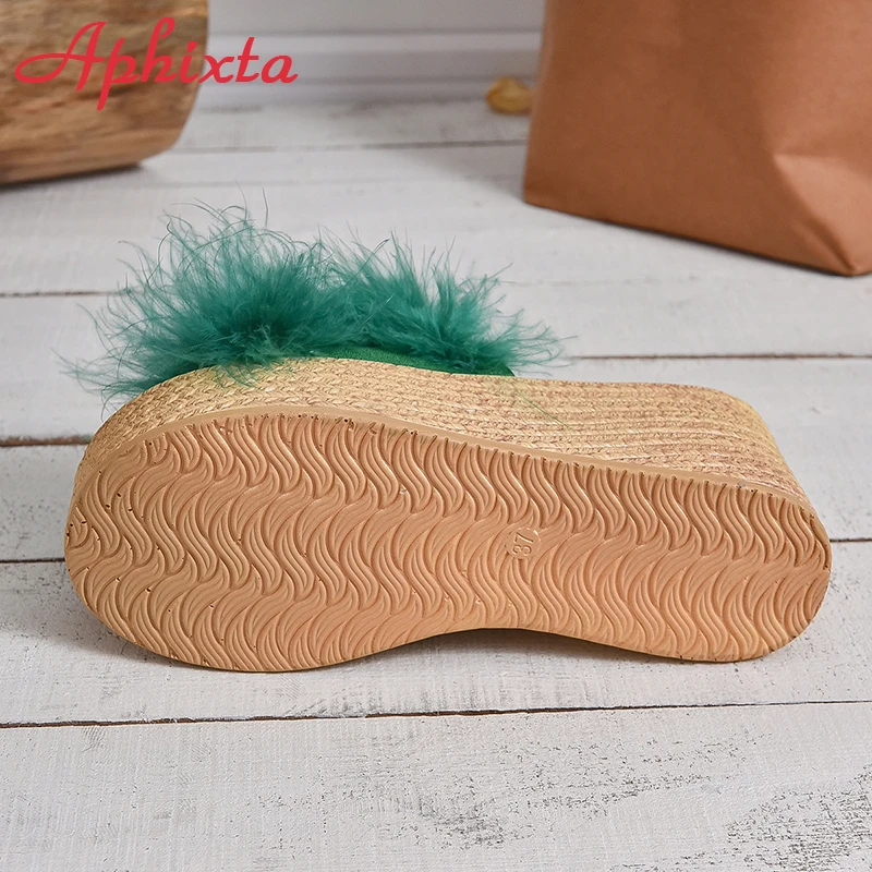 Aphixta Furry Green Wedge Platform Slides Women\'s Shoes 9cm Slippers Flip Flops Heels Shoes Beach Sandals Plus Size 43