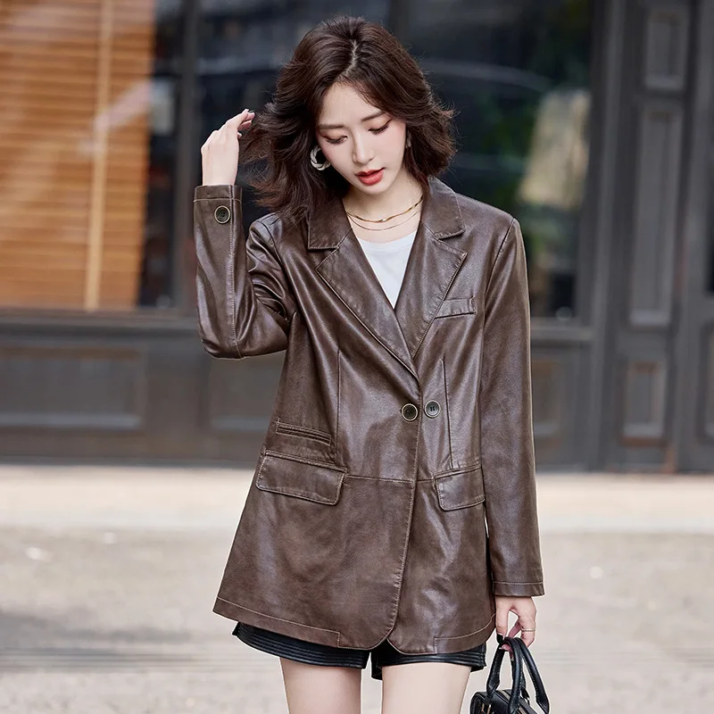 

Spring Autumn Korean Loose Top Sheepskin Women Coat Suit Leather Coat Women Leather