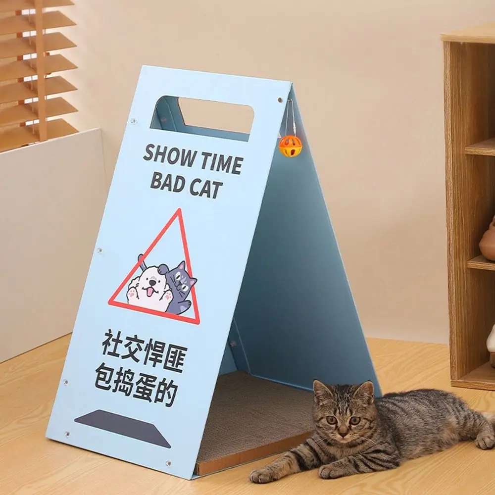 

Corrugated Cardboard Road Sign Cat Scratching Board Semi-Enclosed Foldable Summer Cat House with Bell Toy Scratch Resistant