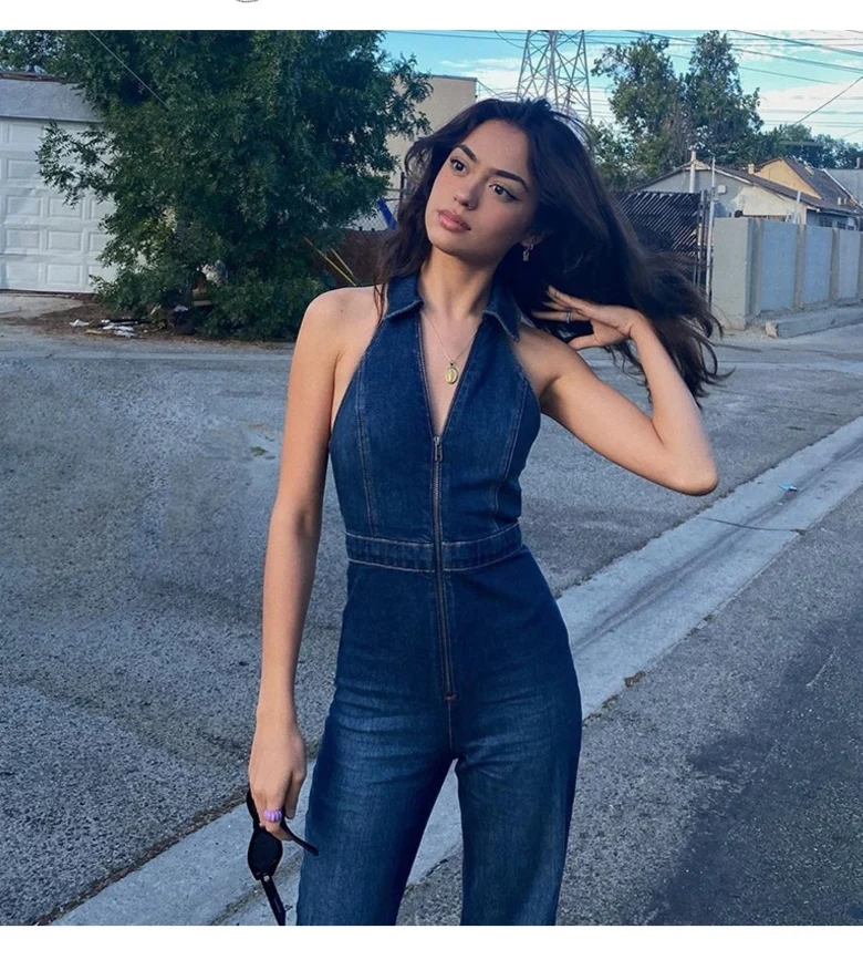 

Blue Denim Overalls Women's Svel High Waist Zipper Closure Long Pants Four Seasons Universal Faion Workwear